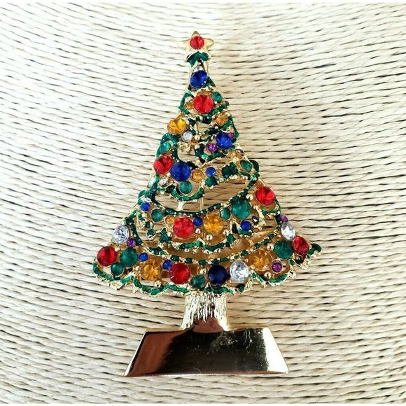 Christmas Tree Brooch Pendant Multi Color Rhinestones - Picture 5 of 12